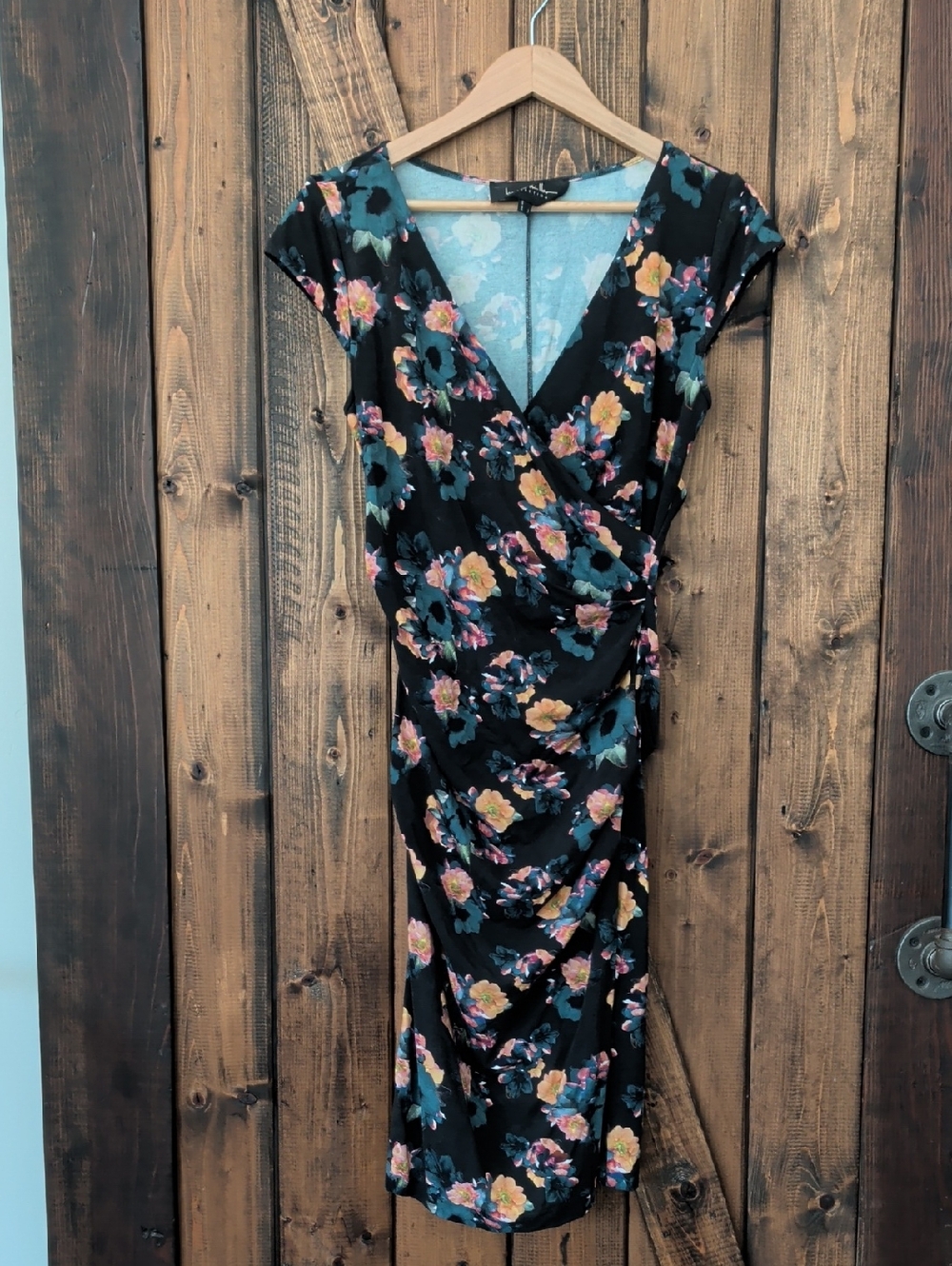 Nicole Miller V Neck Floral Faux Wrap Black Dress with Teal & Pink Blooms Size S